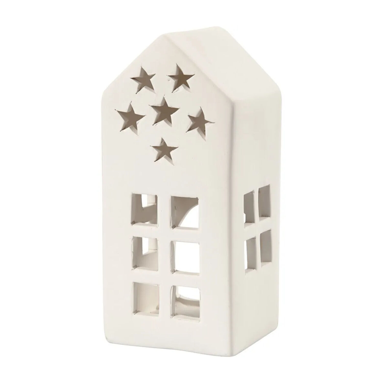 NEU Teelicht-Haus mit Sternen, Terrakotta-Wei, Gre 7x7x16 cm, 1 Stck