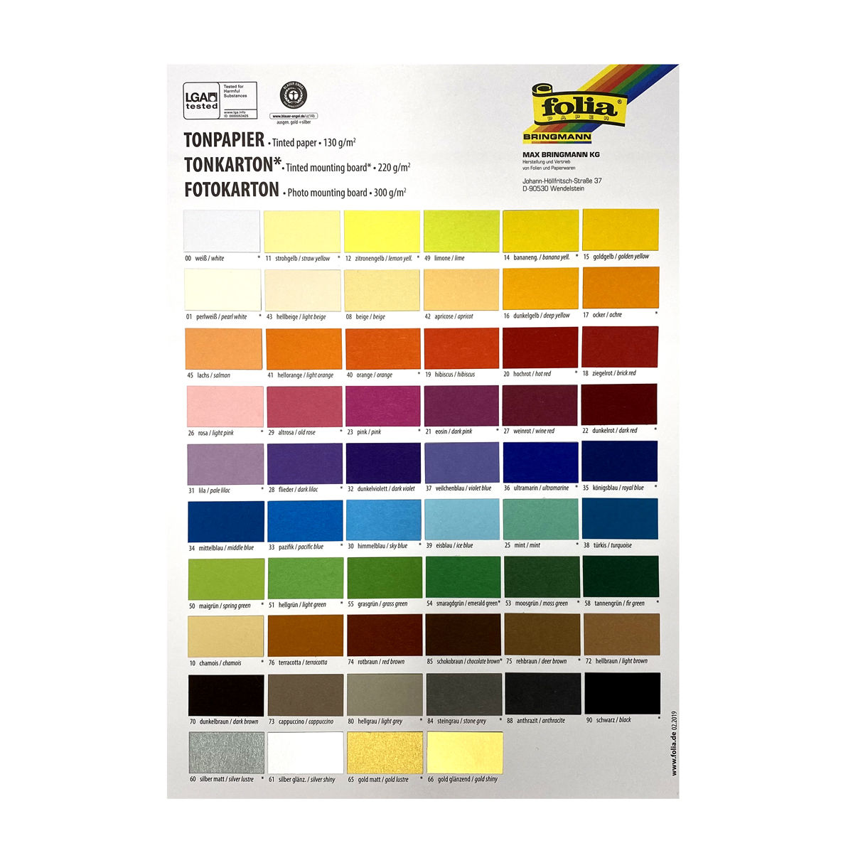 Folia Original-Farbkarte für Tonpapier 130g/qm, Tonkarton/ Bastelkarton  220g/qm, Fotokarton 300g/qm - Fotokarton PREISHIT Papiere & Co. Produkte 