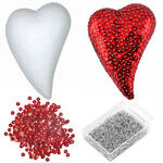 DIY Set Pailletten-Herz, Bastelset Muttertag, 2 Styroporherzen 12cm, 1 Pack Pailletten rot, Stecknadeln 10mm